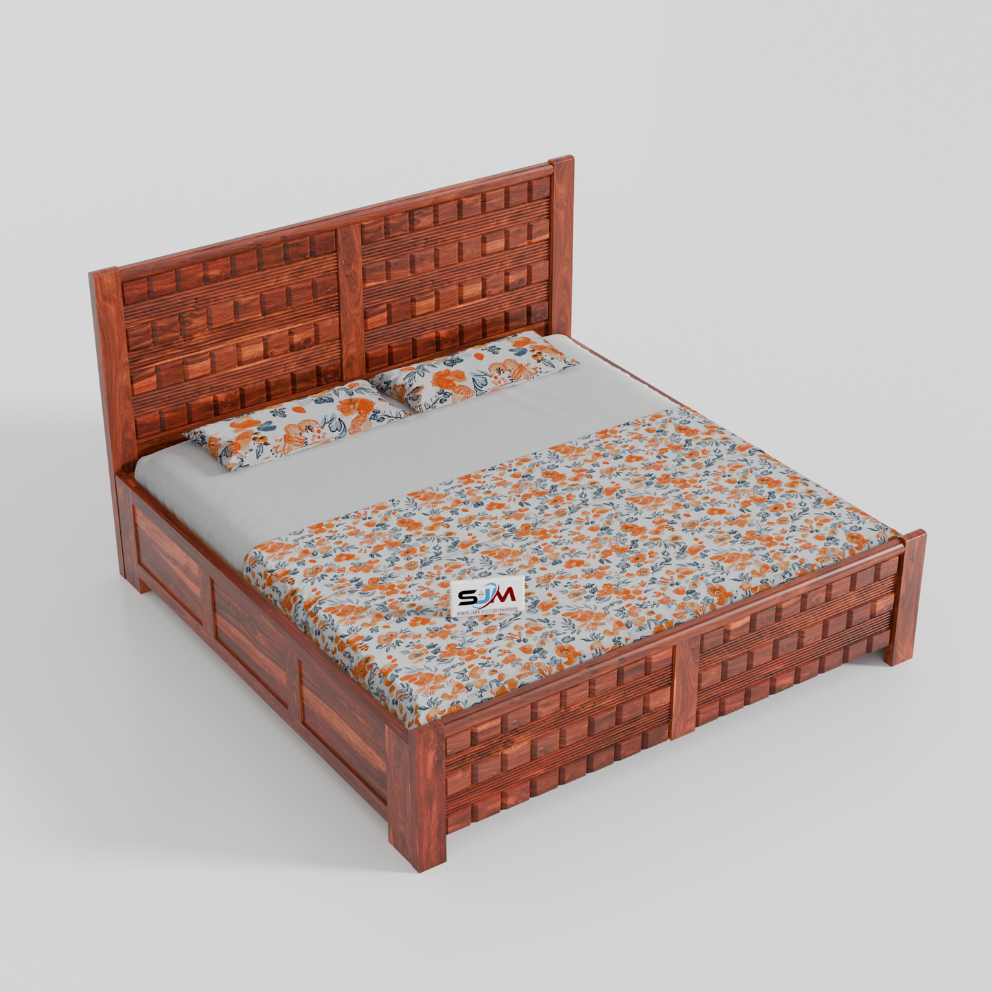 Solid Sheesham Wood Storage Bed with 3D Designer Headboard