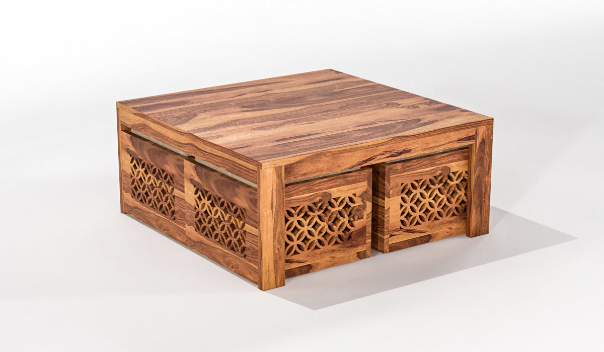 Handcrafted Solid Wood Coffee Table with Carved Ottoman Stools