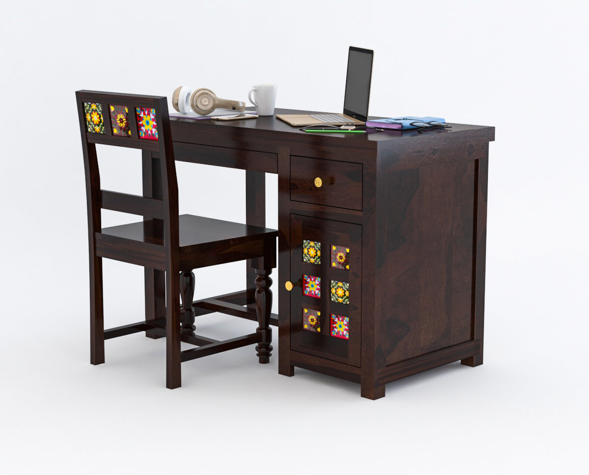 Solid Sheesham Wood Study Table with Storage & Matching Chair