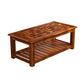 Handcrafted Solid Wood Coffee Table with Carved & Tile-Inlay Top and Storage Shelf
