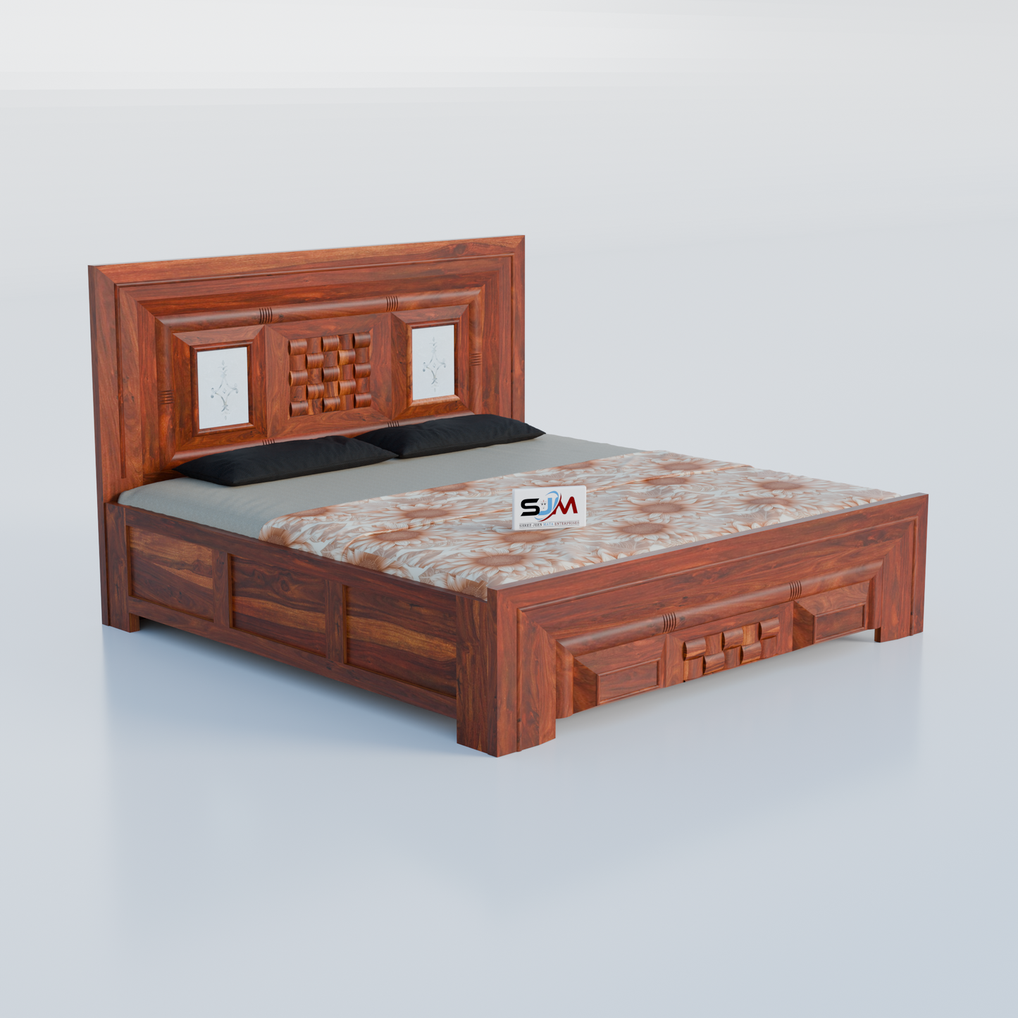 Modern King Size Solid Sheesham Wood Bed with Storage