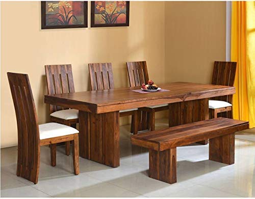 Jeenwood Wooden Dining Table 8 Seater | Eight Seater Dinning Table with 5 Chairs & 1 Bench for Home | Dining Room Sets for Restraunts | Sheesham Wood, Dark Honey Finish - Brown