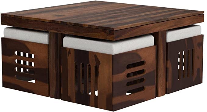 Jeenwood Solid Sheesham Wood Coffee Table with 4 stools for Living Room | Hotel | Lounge | Solid Wood Coffee Table - Natural Finish
