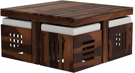 Jeenwood Solid Sheesham Wood Coffee Table with 4 stools for Living Room | Hotel | Lounge | Solid Wood Coffee Table - Natural Finish
