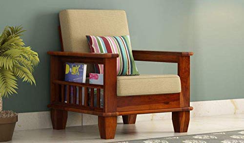 Jeenwood Solid Sheesham Teak Wood Wooden Sofa Set 1 Seater Home Furniture Living Room, Wooden Sofa Set, Teak Wood Sofa Set, Without Pillow, Cream Cushions - Honey Finish - Honey Finish