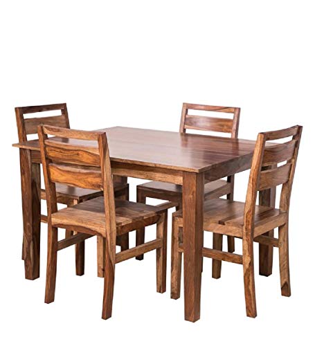 Jeenwood Wooden Solid Sheesham Wood Dining Table 4 Seater, Wooden Dining Table Set with 4 Chairs, Home Dining Room Furniture Teak Wood Dining Table 4 Seater, Brown Teak Finish - Natural Finish