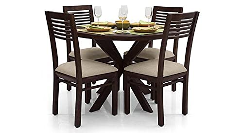 Jeenwood Solid Sheesham Teak Wood Round Dining Table 4 Seater with Chairs Sets | Round Dining Table 4 Seater Wooden | Dining Table 4 Seater Set | Dining Room Sets Furniture Walnut Finish - Brown