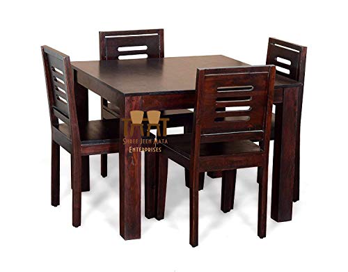 Jeenwood Solid Sheesham Wood 4 Seater Dining Table with Chairs, Solid Wood Dining Table, Home and Living Room, Teak Finish, Brown, Sheesham Wood, Design 2 - Teak Finish 1