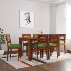Jeenwood Sheesham Wood Rectangle 6 Seater Dining Table Set with 6 Cushion Chair for Dining Room Hall Home Office Restaurent Hotel Wooden Dinning Furniture - Brown