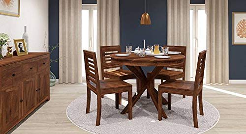 Jeenwood Solid Sheesham Teak Wood Round Dining Table 4 Seater with 4 Chairs Set, Round Dining Table 4 Seater Wooden, Dining Room Furniture - Walnut - Natural Finish