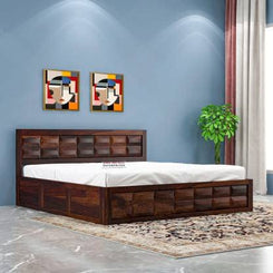 Jeenwood Solid Sheesham Wood King Size Bed for Bedroom | Guest Room | Living Room | Hotel | Solid Wood King Box Bed | Wooden Storage Bed | Without Mattress - Walnut Finish