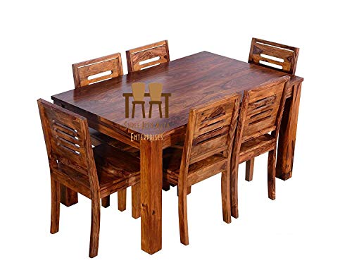 Jeenwood Wooden Solid Sheesham Wood 6 Seater Dining Table with Chairs for Living Room Home | Wooden Dining Set Furniture | Dining Table with 6 Chairs - Honey Finish