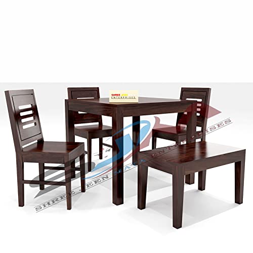 Jeenwood Wooden Solid Sheesham Wood Dining Table 4 Seater | Dining Table Set with 3 Chairs & 1 Bench | Home Dining Room Furniture Teak Wood Dining Table 4 Seater - Walnut Finish