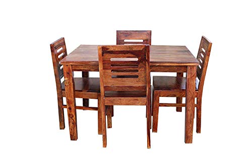 Jeenwood Solid Wooden Sheesham Wood Dining Table 4 Seater with Chair, 4 Seater Dining Table Sets, Home Dining Room Sets Furniture, Dining Table Sets Living Room - Brown Finish, Rectangle - Natural Finish