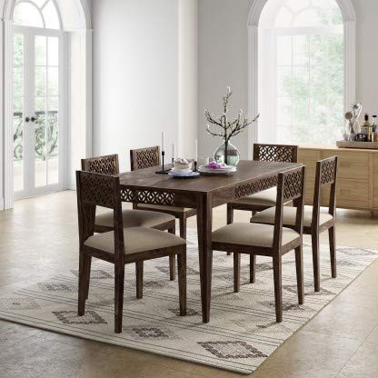 Jeenwood Wooden Dining Table 6 Seater | Six Seater Dinning Table with Chairs | Dining Room Sets with Cushions | Sheesham Wood, Walnut Finish - Brown