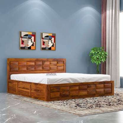 Jeenwood Solid Sheesham Wood Queen Size Bed for Bed Room | Guest Room | Hotel | Solid Wood Queen Box Bed | Storage Bed | Without Mattress - Natural Finish