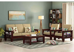 Jeenwood Solid Sheesham Teak Wood Wooden Sofa Set 5 Seater Home Furniture Living Room, Wooden Sofa Set 3+1+1, Without Pillow, Cream Cushions - Mahogany Finish 1