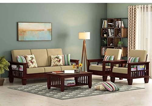 Jeenwood Solid Sheesham Teak Wood Wooden Sofa Set 5 Seater Home Furniture Living Room, (Wooden Sofa Set 3+1+1), Sofa Set 5 Seater, Without Pillow, Cream Cushions - Mahogany Finish