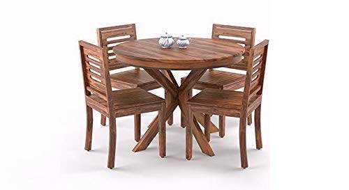 Jeenwood Solid sheesham Wood Round Dining Table with 4 Chair Honey Teak Finish - Honey Teak Finish