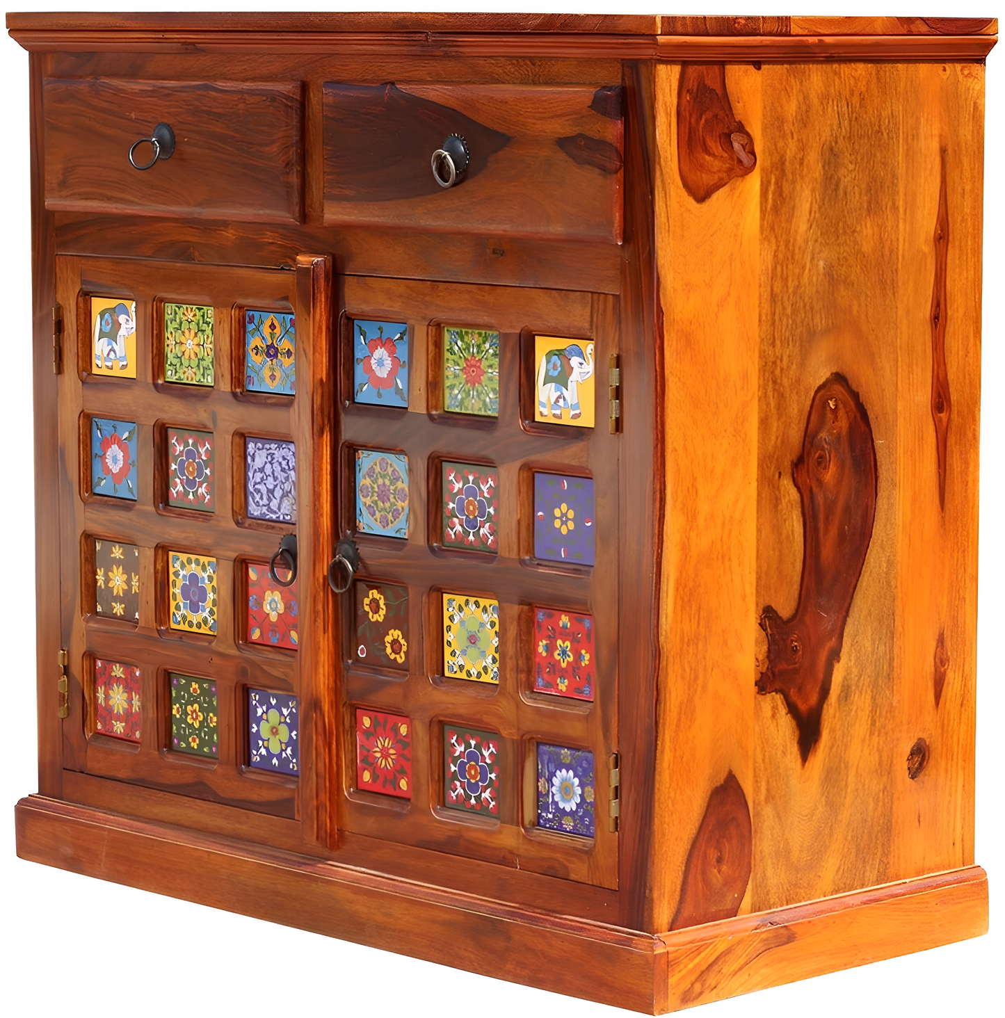 Handcrafted Solid Wood Cabinet with Artistic Hand-Painted Tile Doors