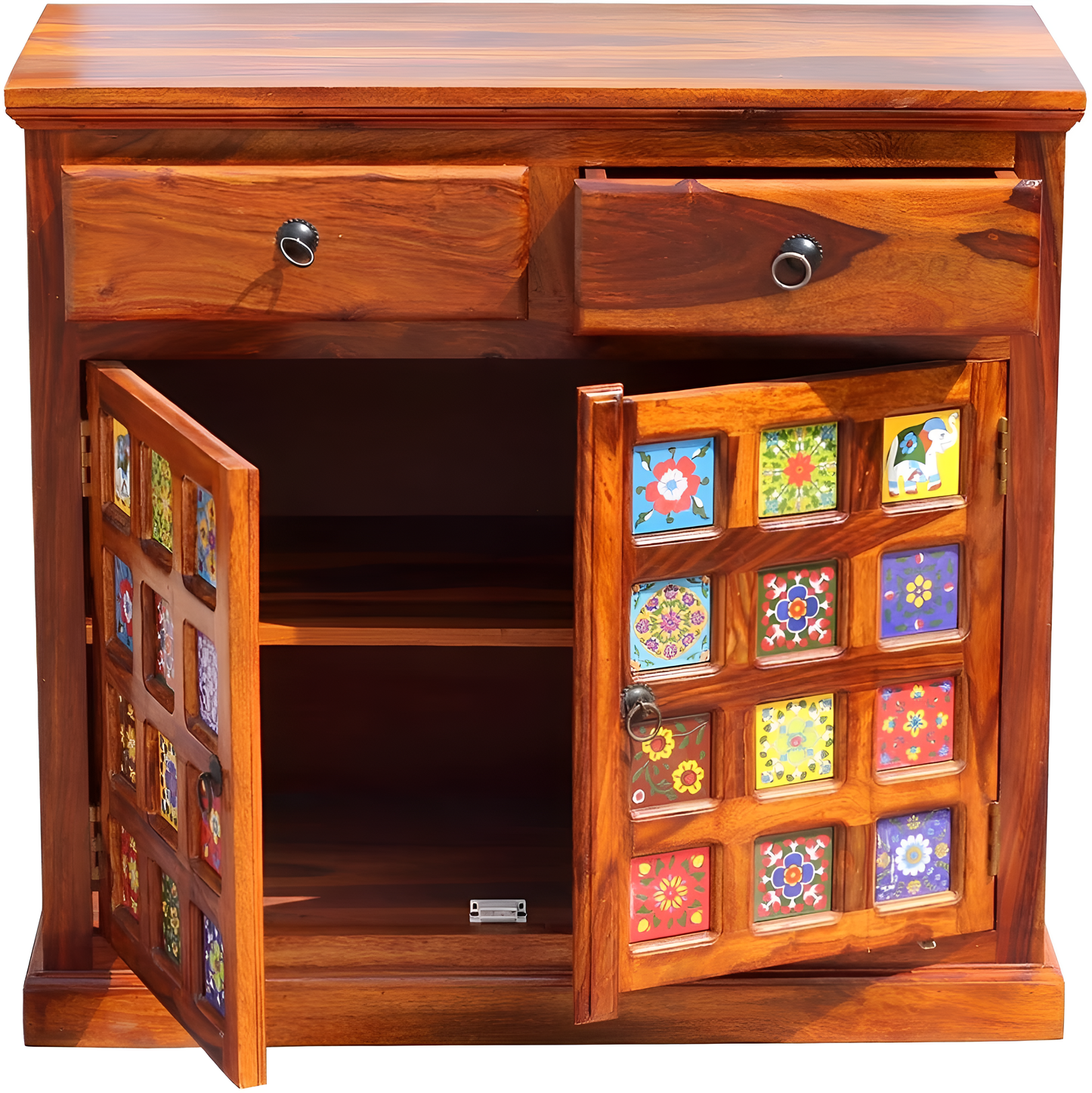 Handcrafted Solid Wood Cabinet with Artistic Hand-Painted Tile Doors