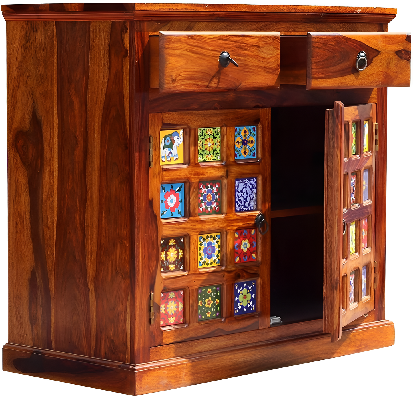Handcrafted Solid Wood Cabinet with Artistic Hand-Painted Tile Doors