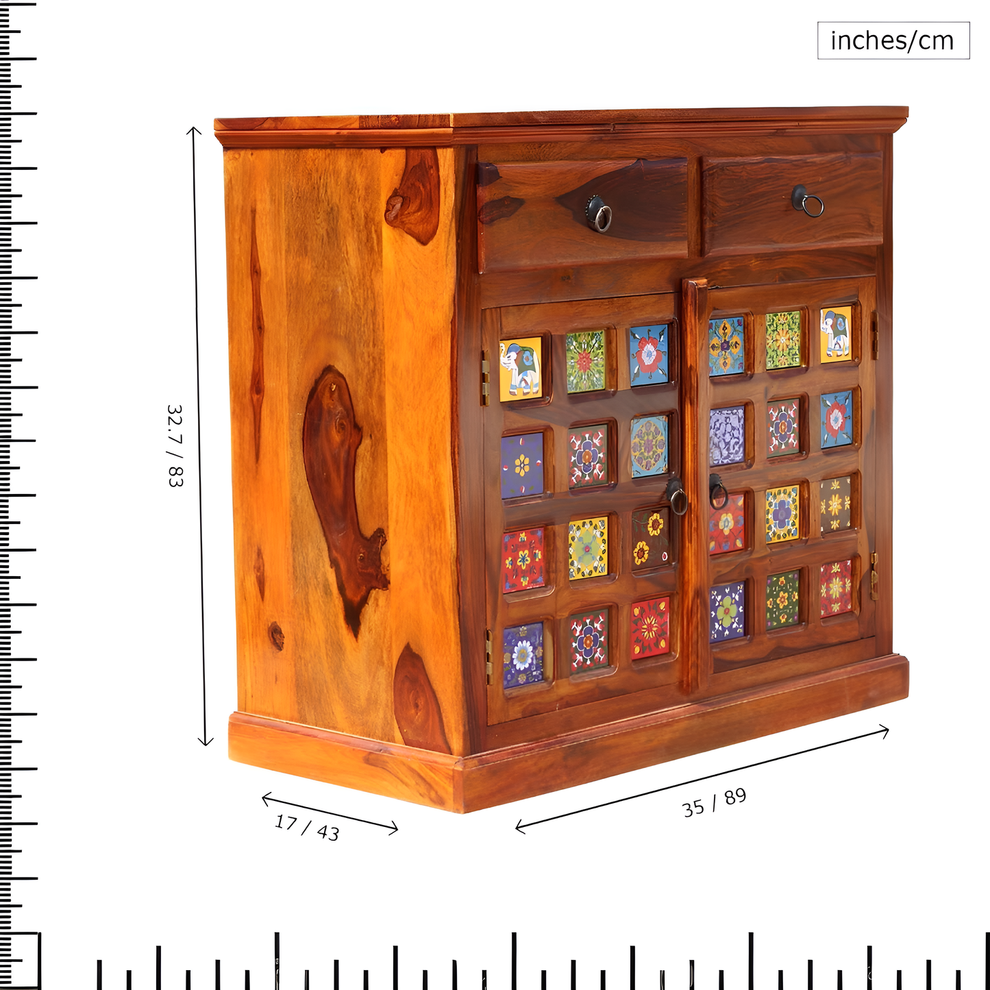 Handcrafted Solid Wood Cabinet with Artistic Hand-Painted Tile Doors