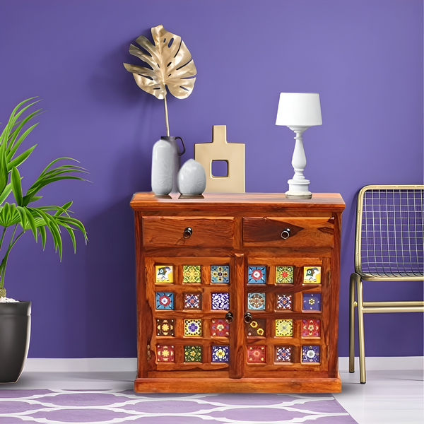 Handcrafted Solid Wood Cabinet with Artistic Hand-Painted Tile Doors