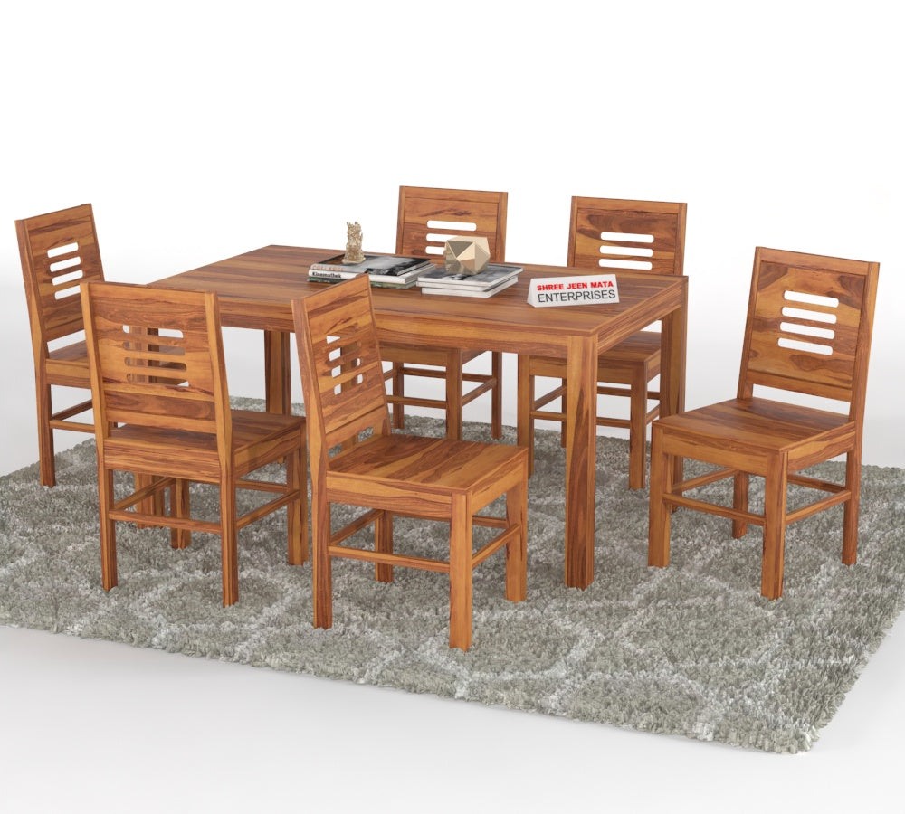 Solid Wood 6 Seater Dining Table Set with Cushioned Chairs