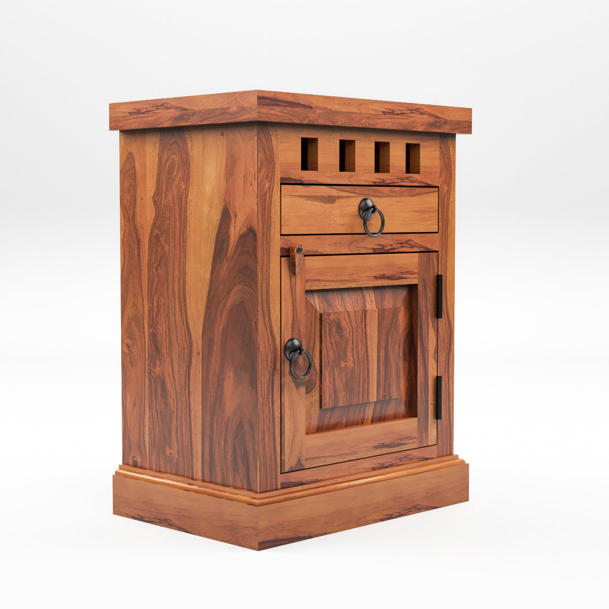 Solid Sheesham Wood Bedside Table with Drawer & Storage Cabinet