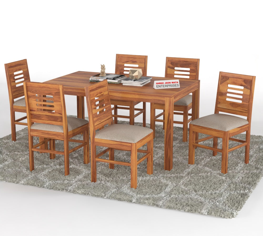 Solid Wood 6 Seater Dining Table Set with Cushioned Chairs