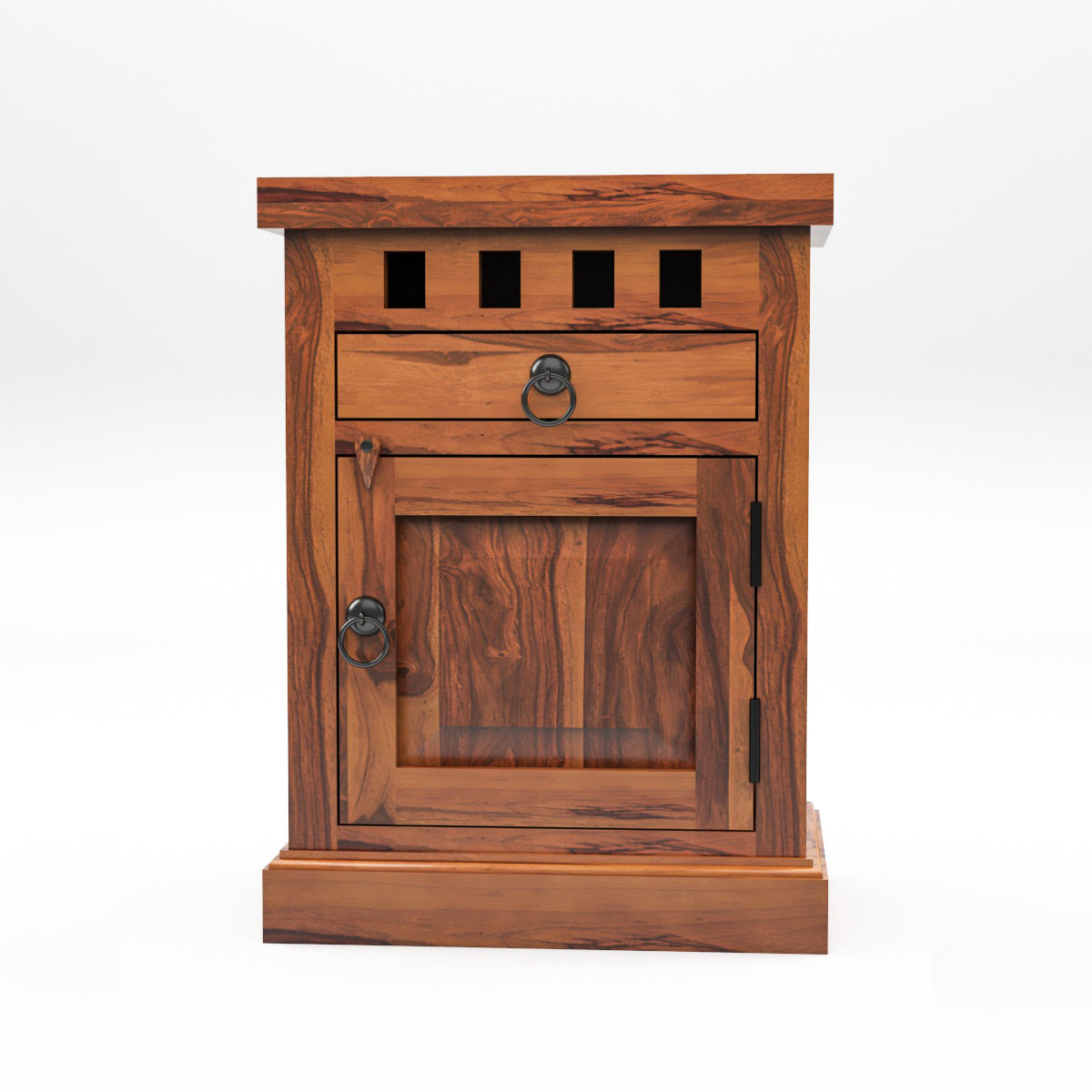 Solid Sheesham Wood Bedside Table with Drawer & Storage Cabinet