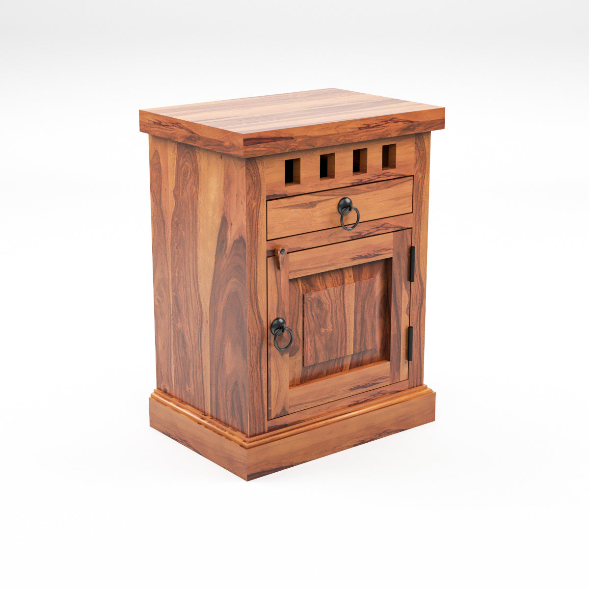 Solid Sheesham Wood Bedside Table with Drawer & Storage Cabinet
