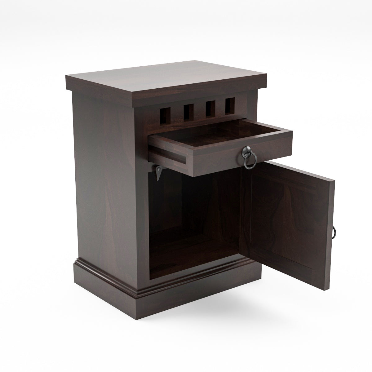 Solid Sheesham Wood Bedside Table with Drawer & Storage Cabinet