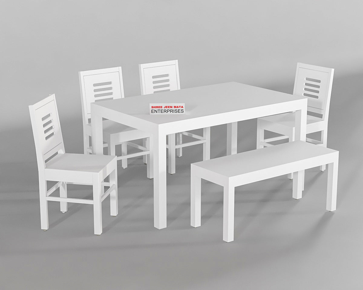 Handcrafted Solid Wood 6 Seater Dining Table Set in White Finish