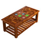 Handcrafted Solid Wood Coffee Table with Carved & Tile-Inlay Top and Storage Shelf