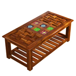 Handcrafted Solid Wood Coffee Table with Carved & Tile-Inlay Top and Storage Shelf