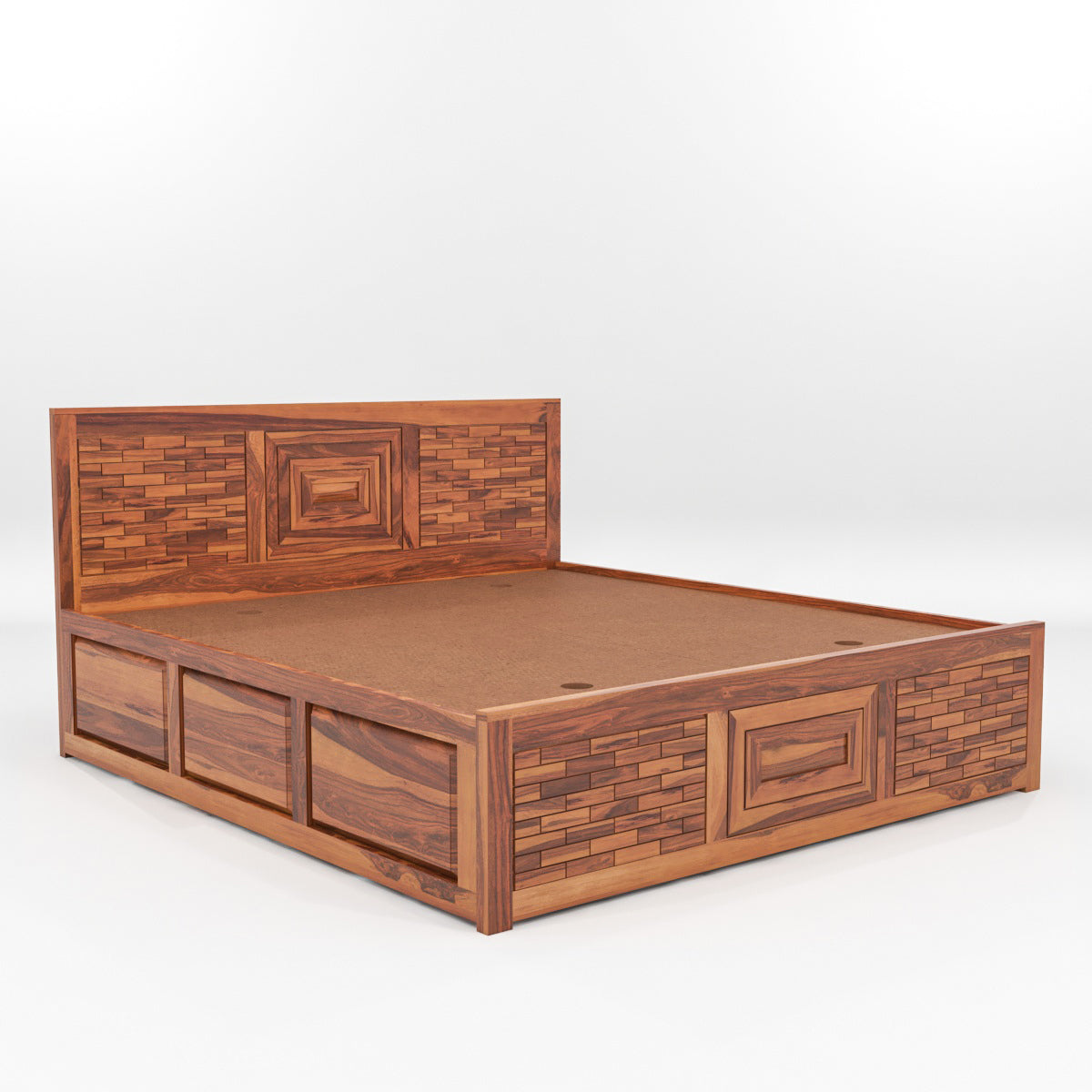 Solid Wood Storage Bed with Designer Panel Headboard – King Size Wooden Bed
