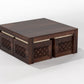 Handcrafted Solid Wood Coffee Table with Carved Ottoman Stools
