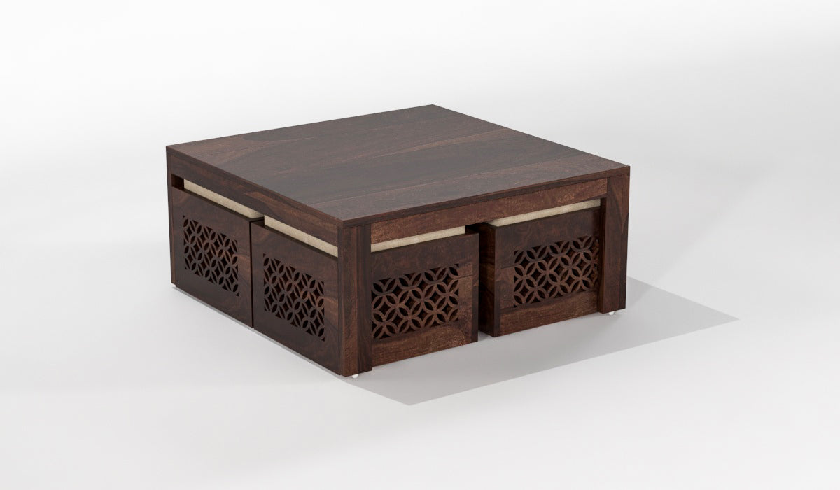 Handcrafted Solid Wood Coffee Table with Carved Ottoman Stools