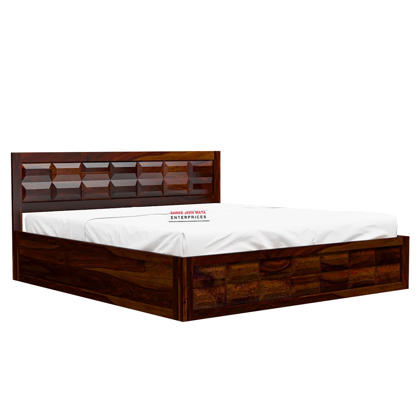 Solid Wood Queen Size Bed with Geometric Panel Headboard