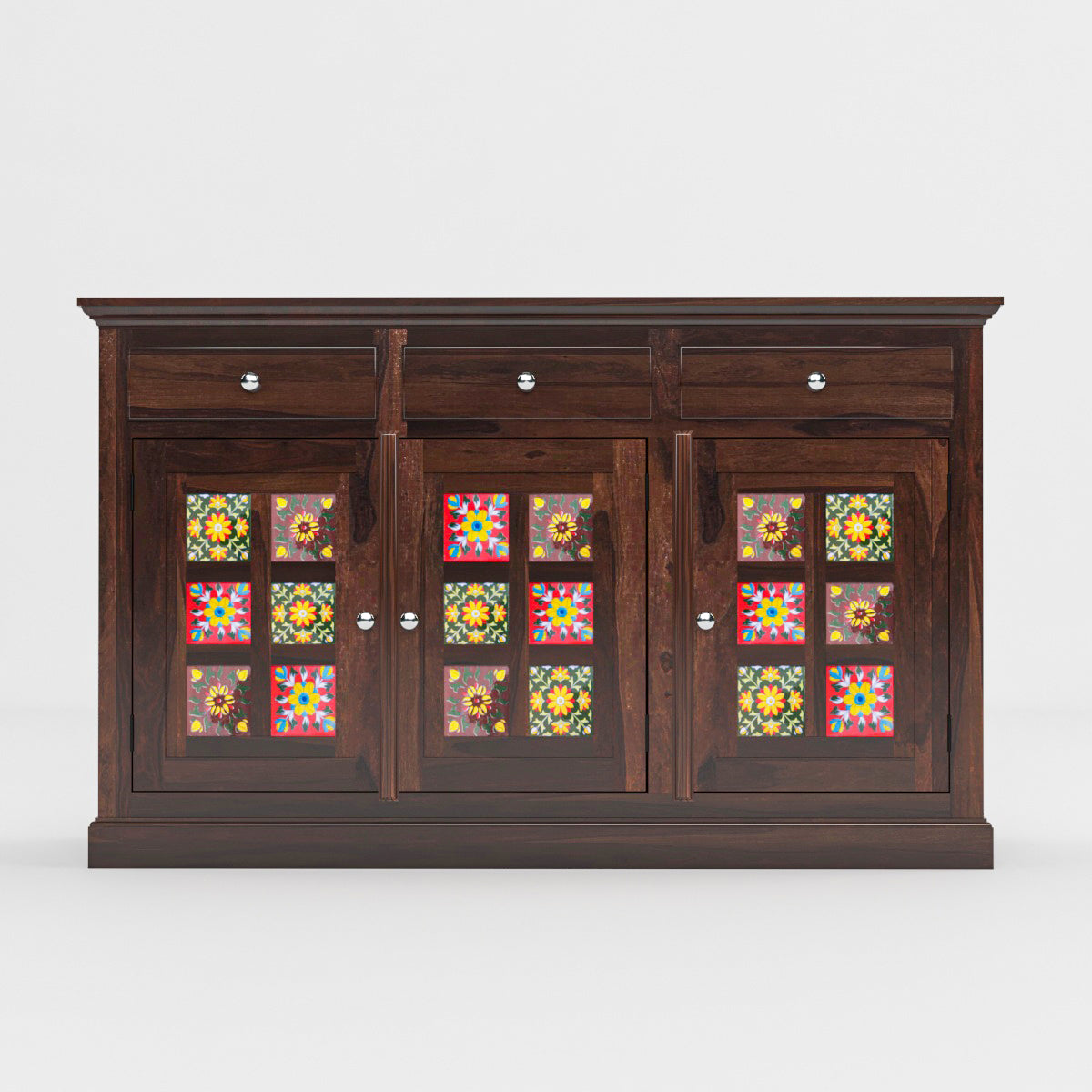 Solid Teak Wood Storage Cabinet with Handcrafted Tile Doors