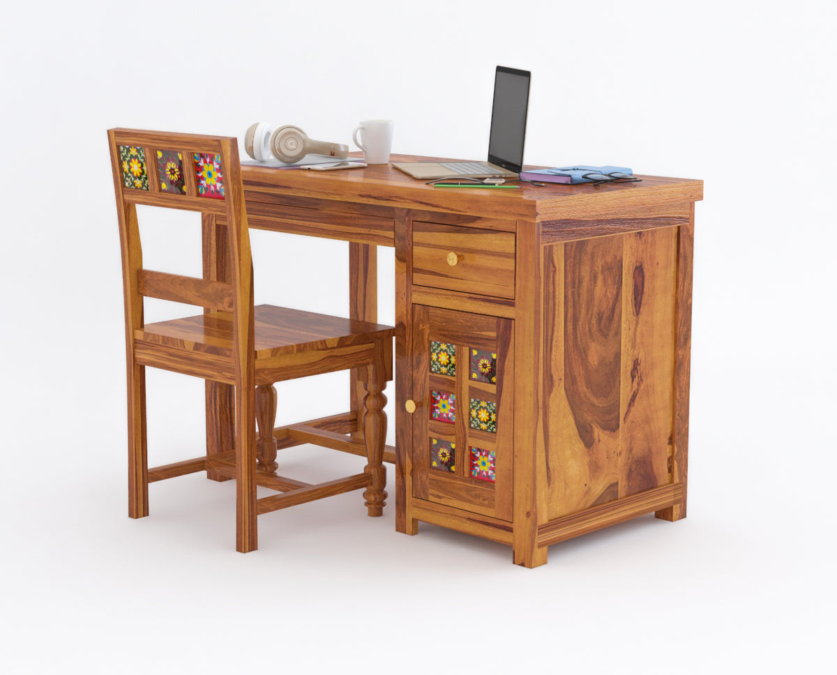 Solid Sheesham Wood Study Table with Storage & Matching Chair
