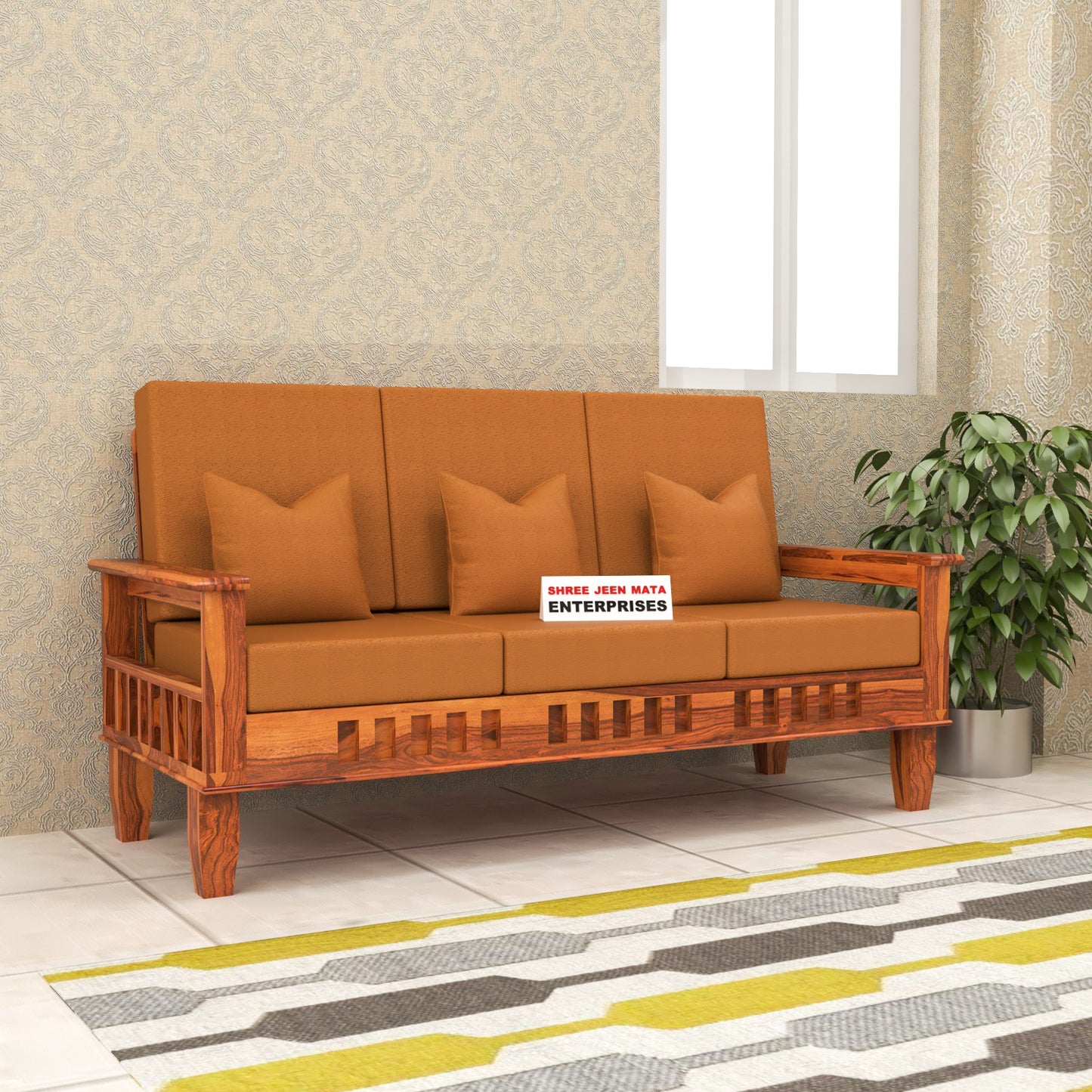 Solid Wood Three Seater Sofa with Cushioned Seating | Natural & Walnut Finish Wooden Sofa
