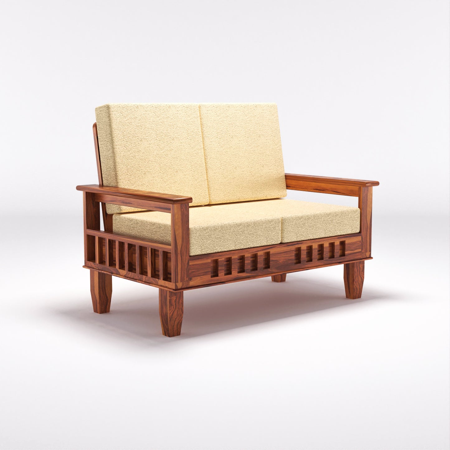 Premium Solid Wood 2 Seater Sofa with Cushions | Natural & Walnut Finish