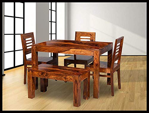 Jeenwood Wooden Solid Sheesham Wood Dining Table 4 Seater | Dining Table Set with 3 Chairs & 1 Bench | Home Dining Room Furniture Teak Wood Dining Table 4 Seater - Teak Finish 1