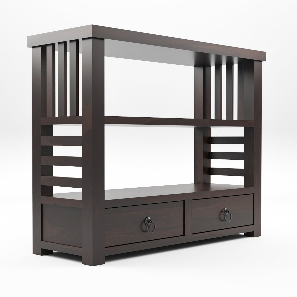 Solid Teak Wood Open Bookshelf with Storage Drawers – 2-Shelf Display & Storage Unit