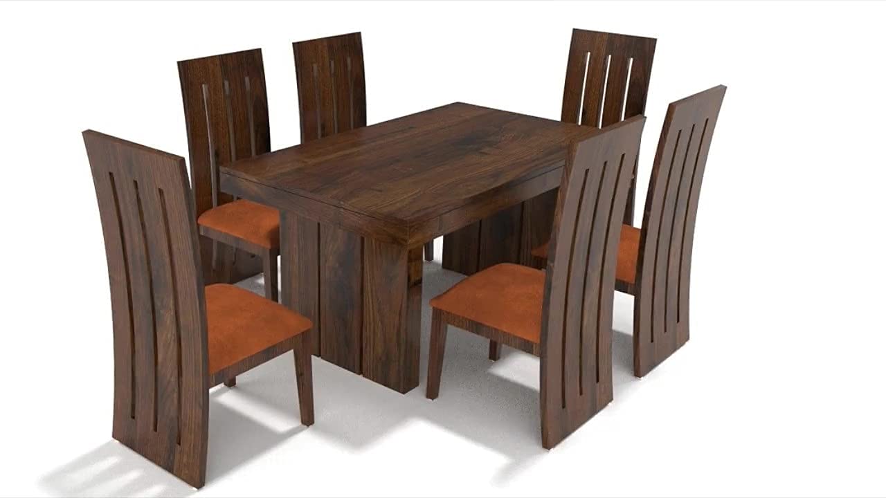Jeenwood Wooden Dining Table Set 6 Seater | Solid Wood Dining Table with Chairs | Sheesham Wood | Dining Table and 6 Chairs | Home & Dining Room Furniture | Orange Cushion - Brown
