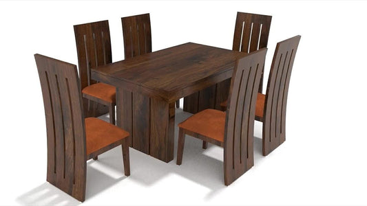 Jeenwood Wooden Dining Table Set 6 Seater | Solid Wood Dining Table with Chairs | Sheesham Wood | Dining Table and 6 Chairs | Home & Dining Room Furniture | Orange Cushion - Brown