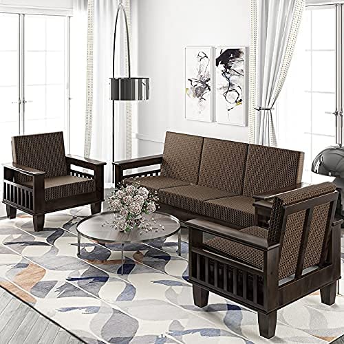 Jeenwood Wooden 5 Seater Sofa Set for Living Room, 3+1+1 Seater Sofa for Office & Lounge, Five Seater Sofa Sets with Side Magzine & Newspaper Holder for Home, Sheesham Wood, Honey Finish - Walnut Brown Finish